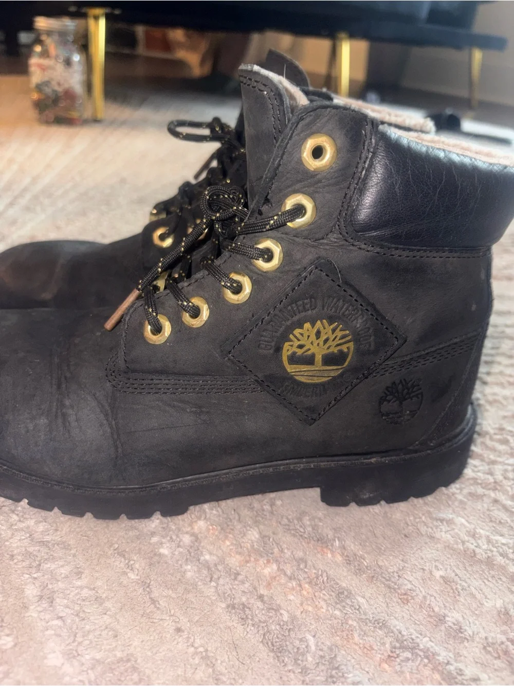 Timberland Black Leather Lace-Up Ankle Boots with Gold-Tone Accents